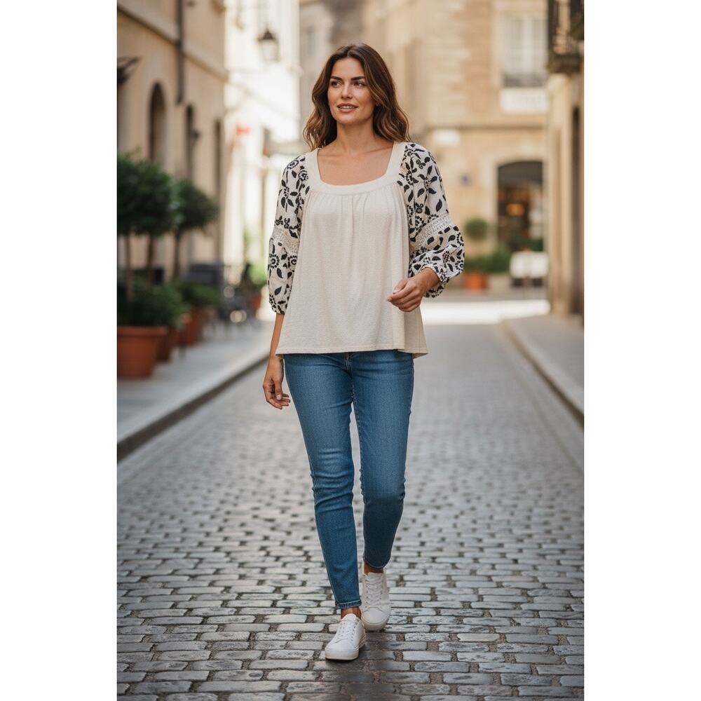 Gimmicks Cream Boho Peasant Top w/ Embroidered Balloon Sleeves – Size M